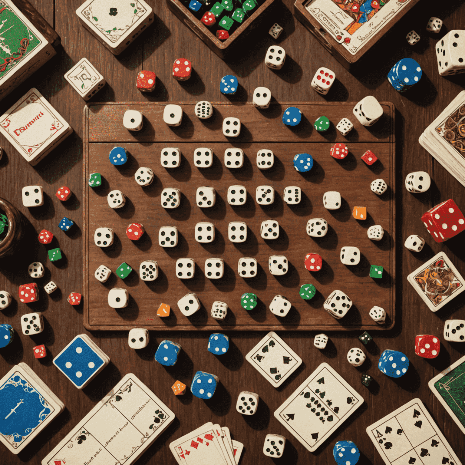Ilustrasi berbagai komponen permainan papan termasuk dadu, kartu, dan pion, disusun dengan rapi di atas meja kayu