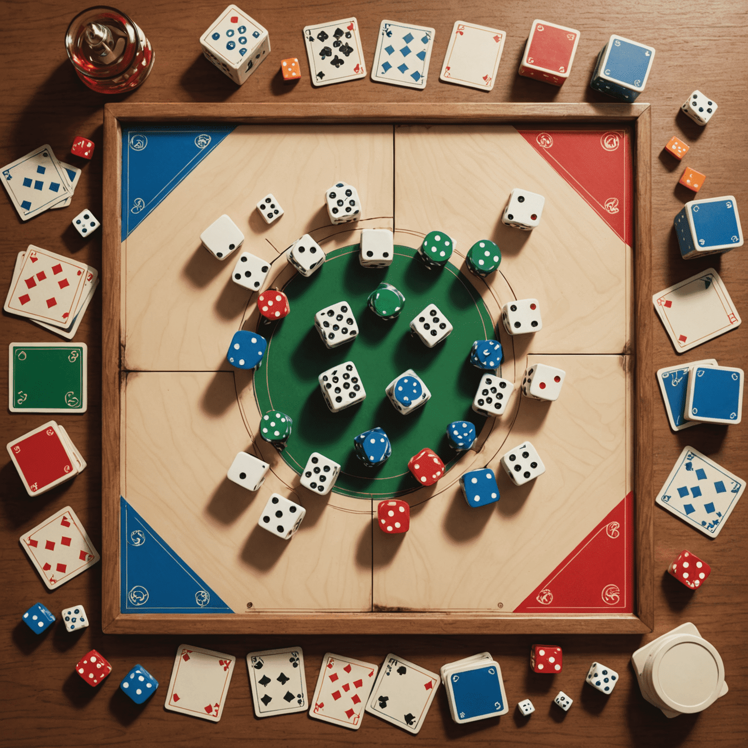 Ilustrasi berbagai komponen permainan papan seperti dadu, kartu, dan bidak dengan latar belakang papan permainan