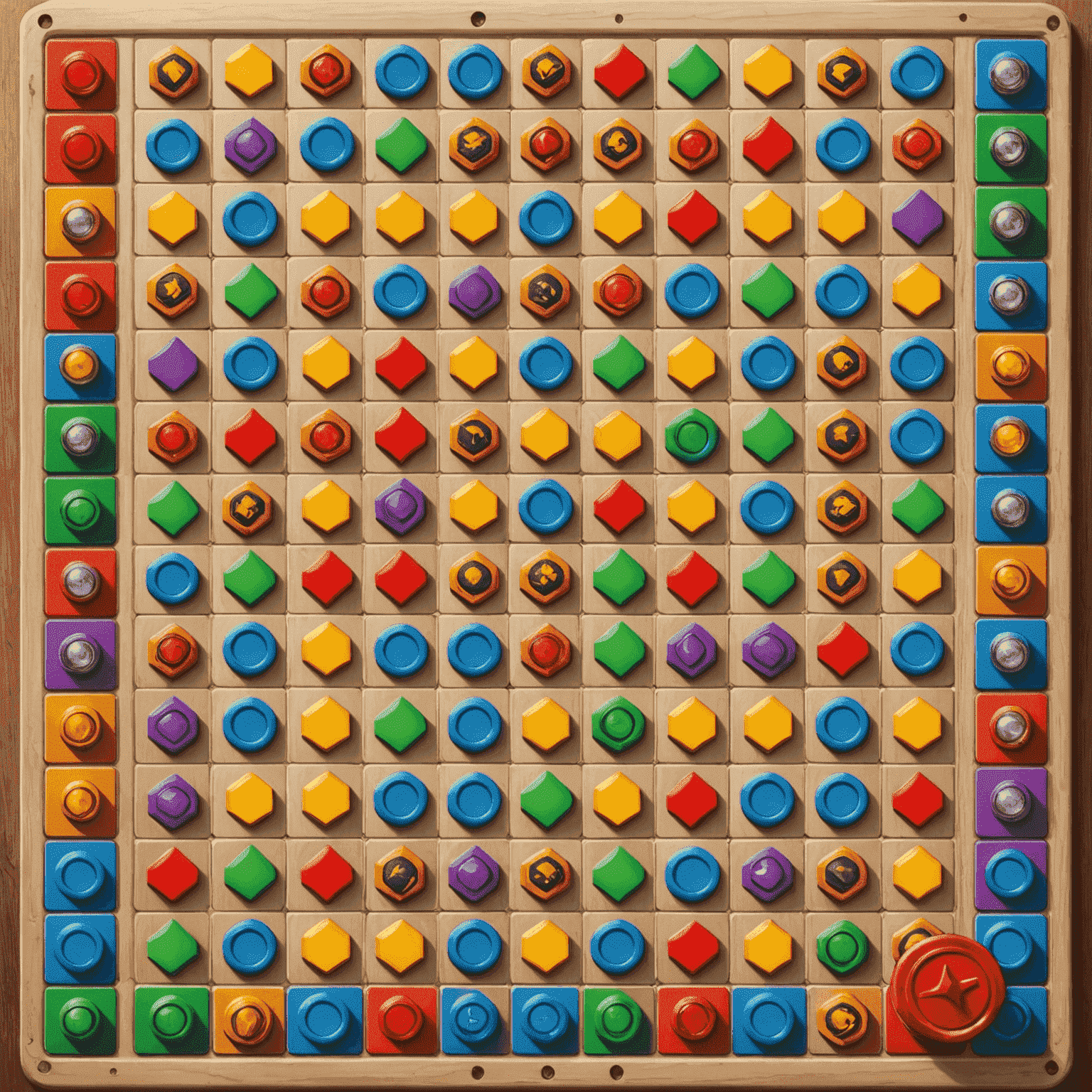 Ilustrasi papan permainan dengan berbagai area penempatan pekerja dan token pekerja berwarna-warni