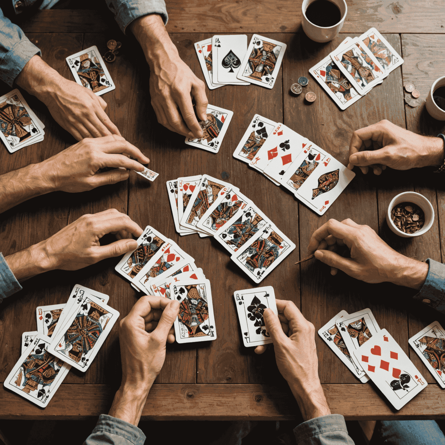 Ilustrasi deck-building: tangan menyusun kartu di atas meja dengan berbagai jenis kartu tersebar