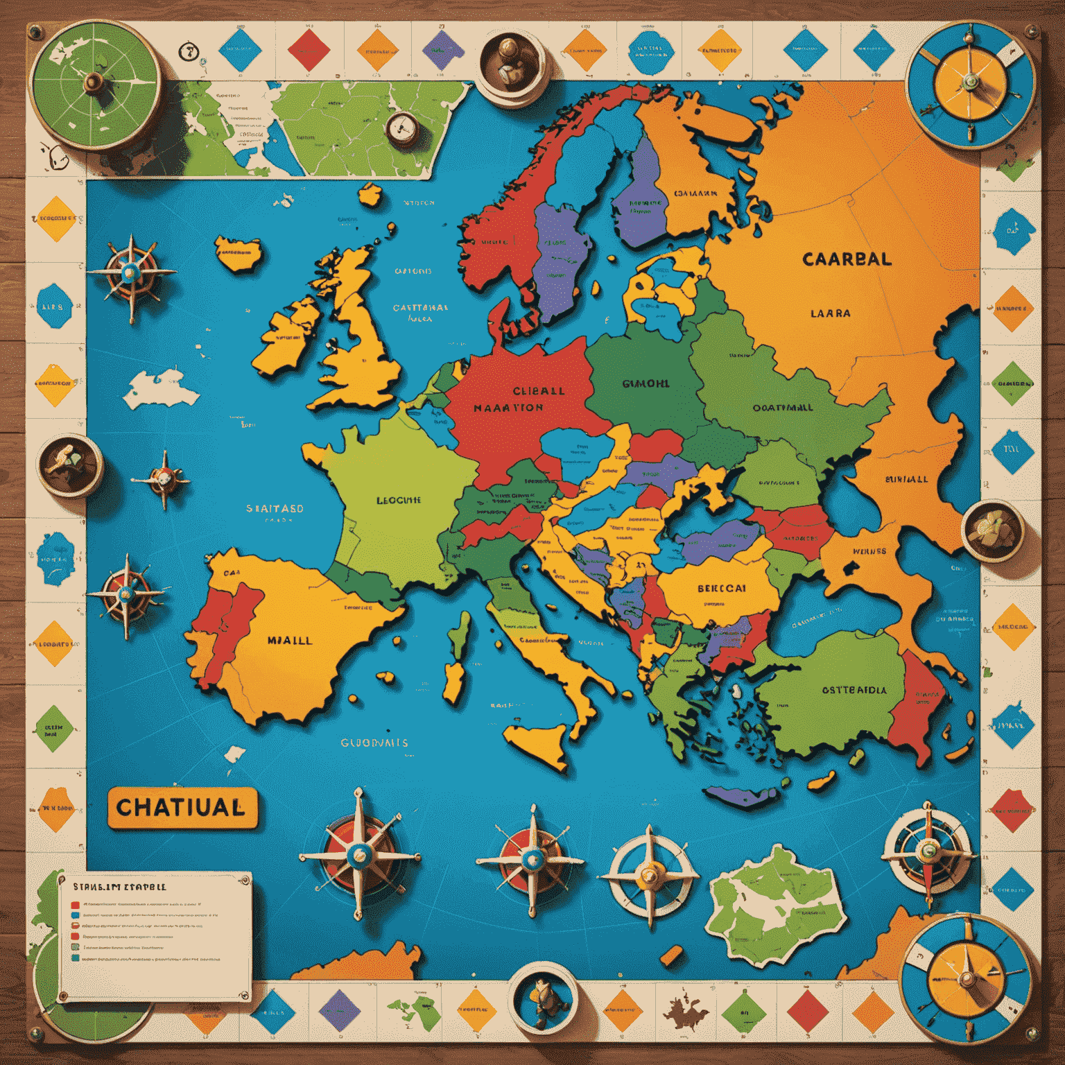 Ilustrasi permainan papan dengan peta yang menunjukkan berbagai wilayah yang dikuasai oleh pemain yang berbeda, menggunakan warna-warna yang kontras