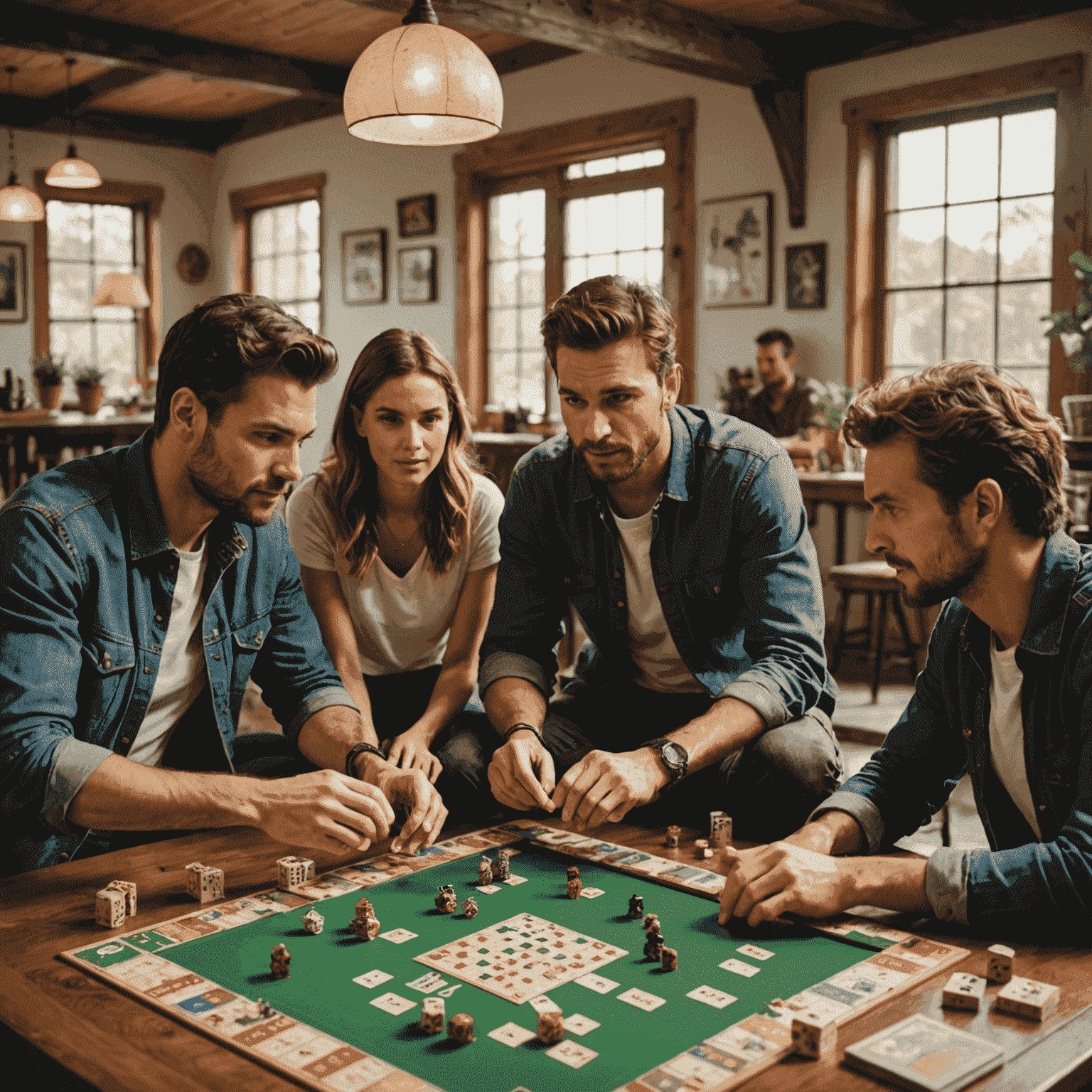 Sekelompok pemain sedang bermain permainan papan kooperatif, berdiskusi strategi dan bekerja sama