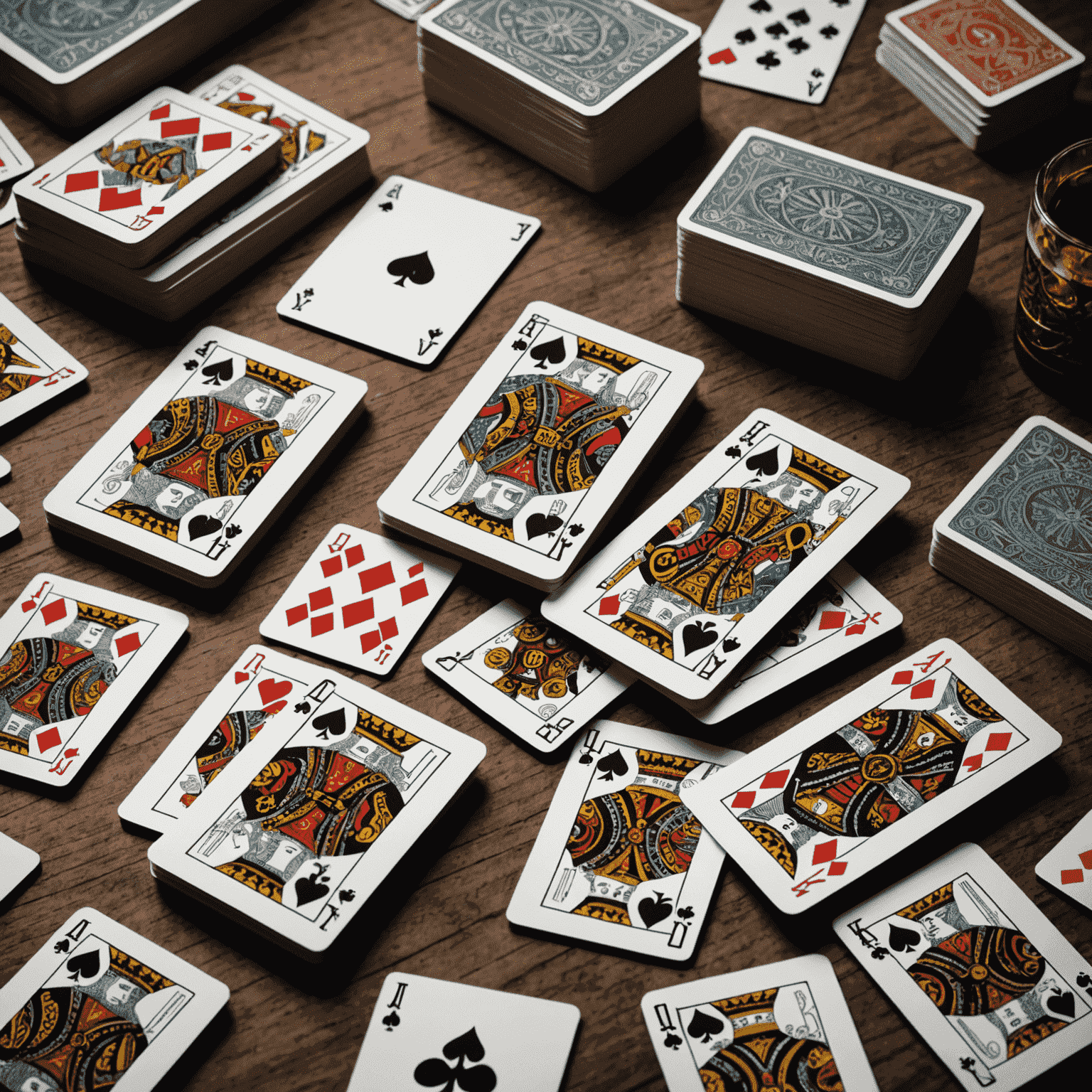 Ilustrasi kartu-kartu permainan tersebar dengan beberapa kartu disorot, menunjukkan proses membangun dek