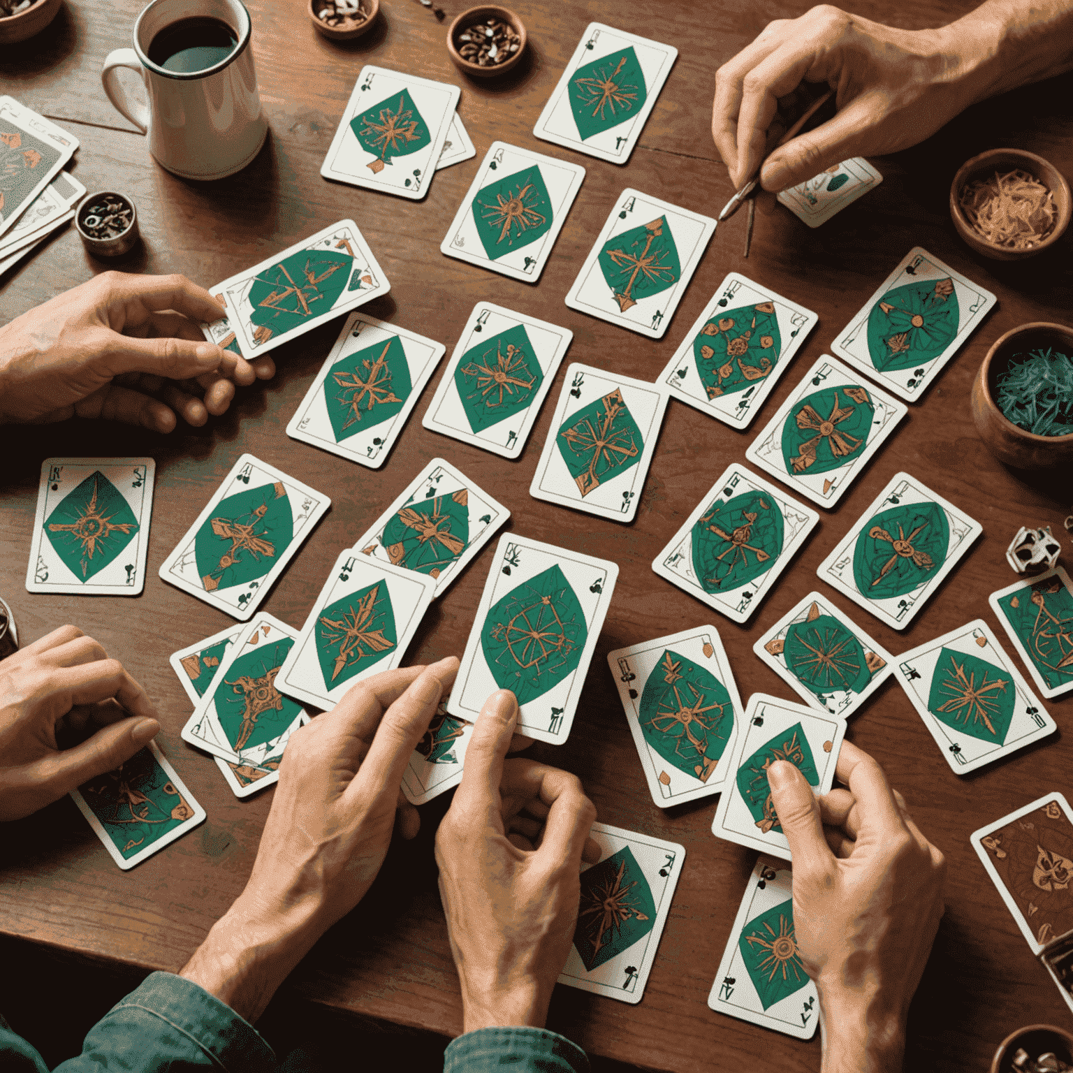 Ilustrasi mekanisme membangun dek. Gambar menampilkan tangan yang sedang menyusun kartu-kartu dengan berbagai simbol dan efek, menggambarkan proses pemilihan dan optimisasi dek.