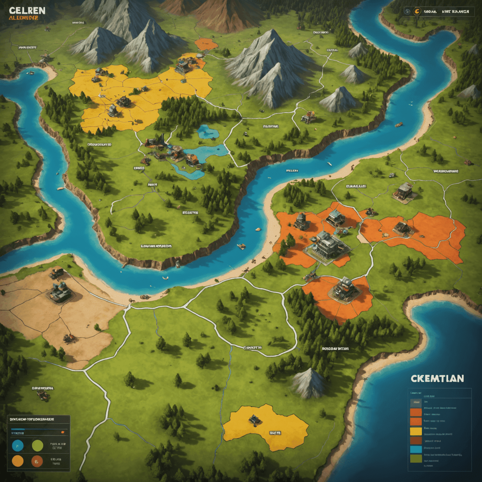 Peta permainan dengan berbagai wilayah berwarna, menunjukkan kontrol area oleh pemain yang berbeda