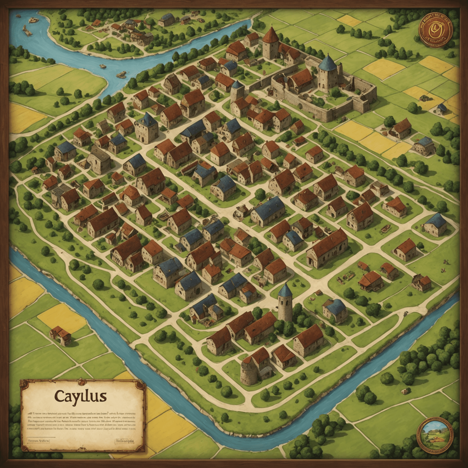 Papan permainan Caylus dengan berbagai bangunan dan jalan