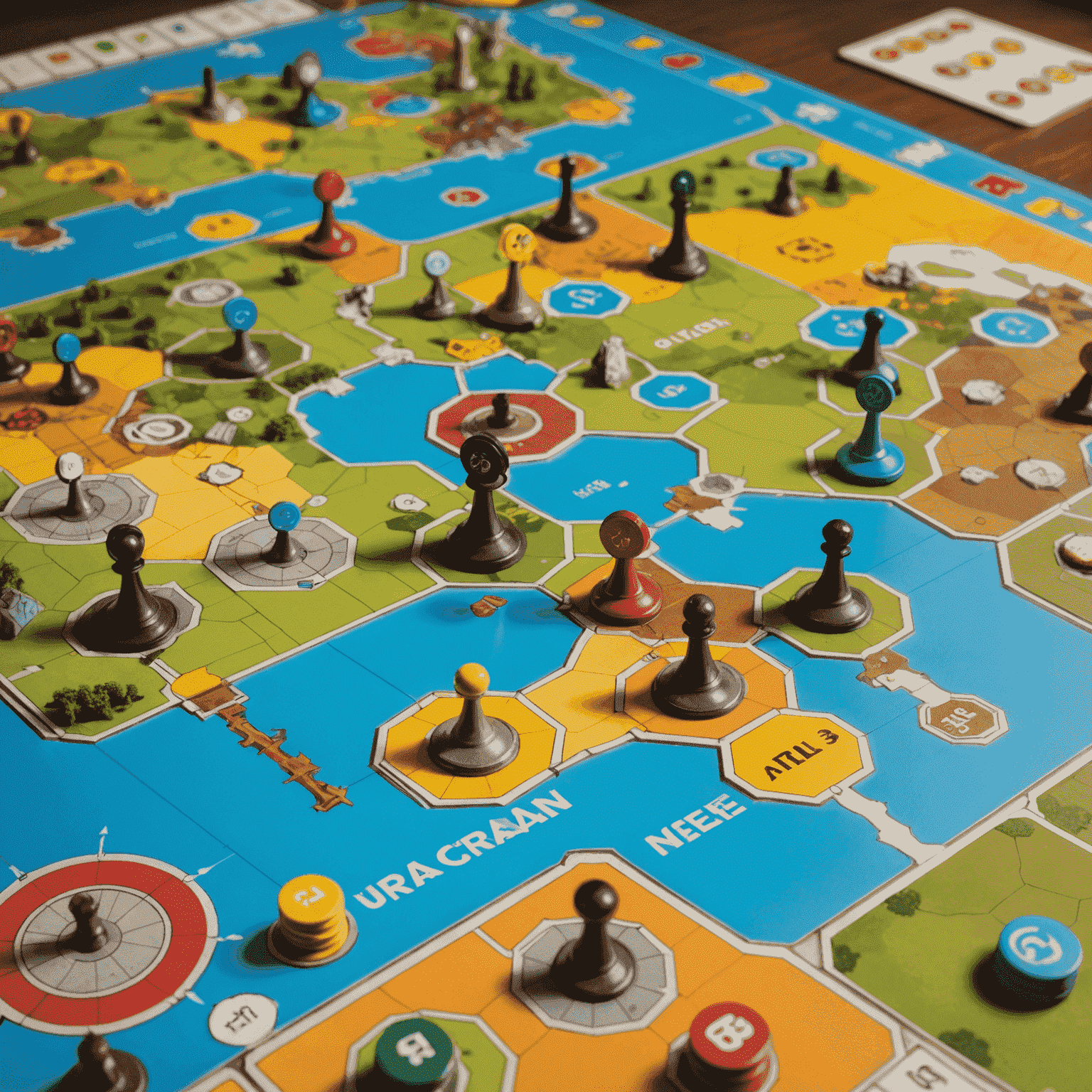 Ilustrasi mekanisme kontrol area dalam permainan papan. Gambar menunjukkan peta permainan dengan berbagai wilayah yang dikuasai oleh pemain yang berbeda, ditandai dengan warna dan token unik.