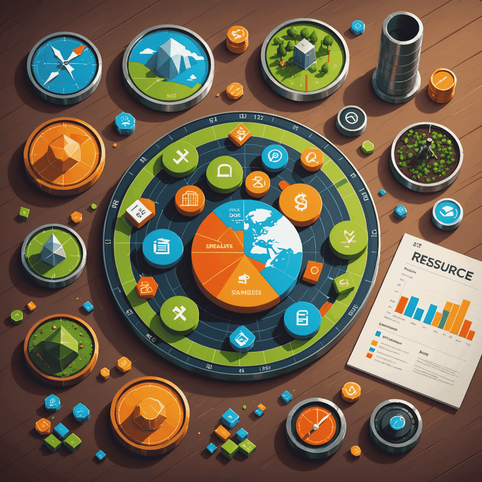 Ilustrasi berbagai token sumber daya dan grafik ekonomi, menggambarkan manajemen sumber daya dalam permainan